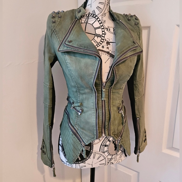 Jackets & Blazers - Shalang green studded shoulder moto jacket size small